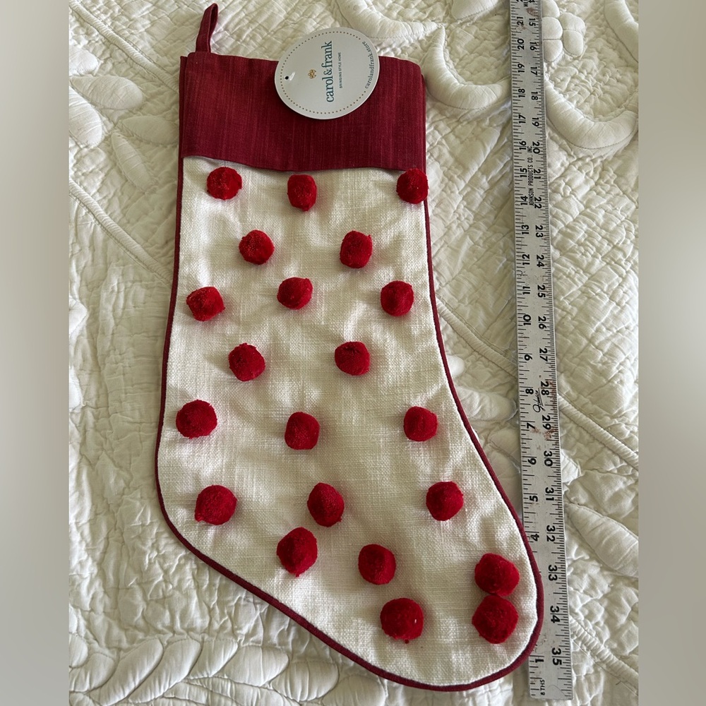 Carol and Frank new pompom Red and White Christmas Stocking.Cotton & linen. Fun!